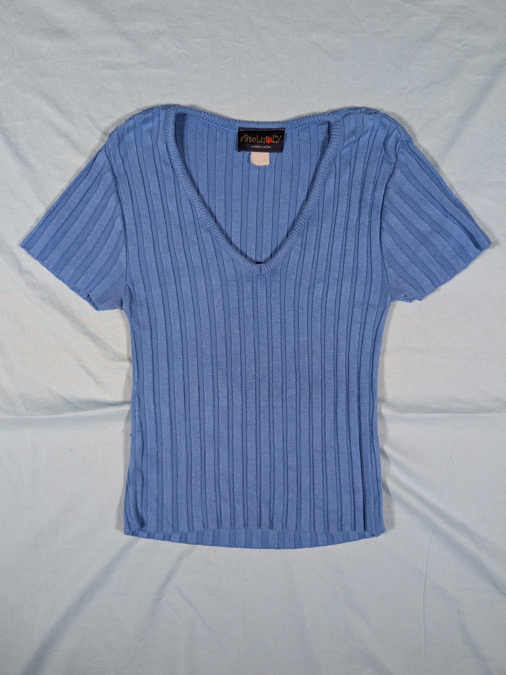 Ribbed V-Neck Short Sleeve Top in Periwinkle Blue